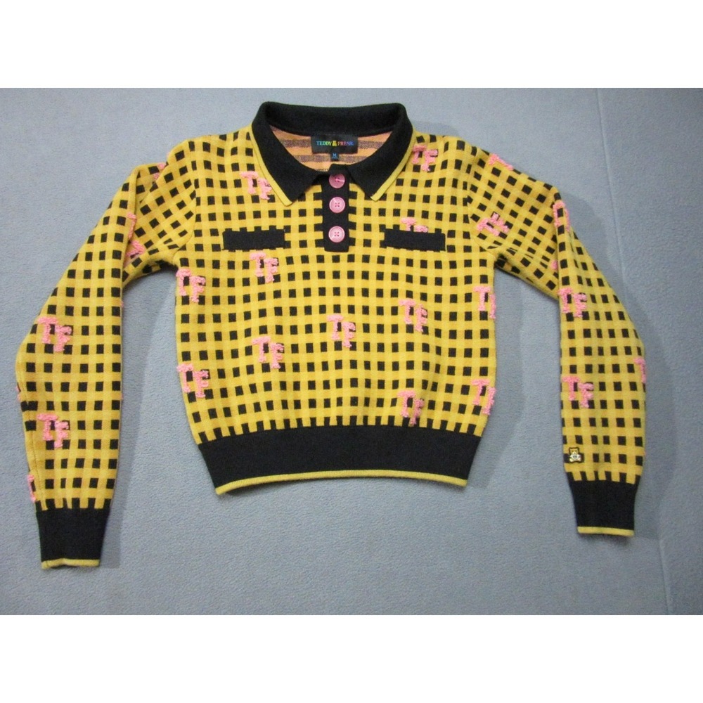 Teddy Fresh Sweater Girls Medium Yellow Black Gingham Embroidered Pink TF Logo